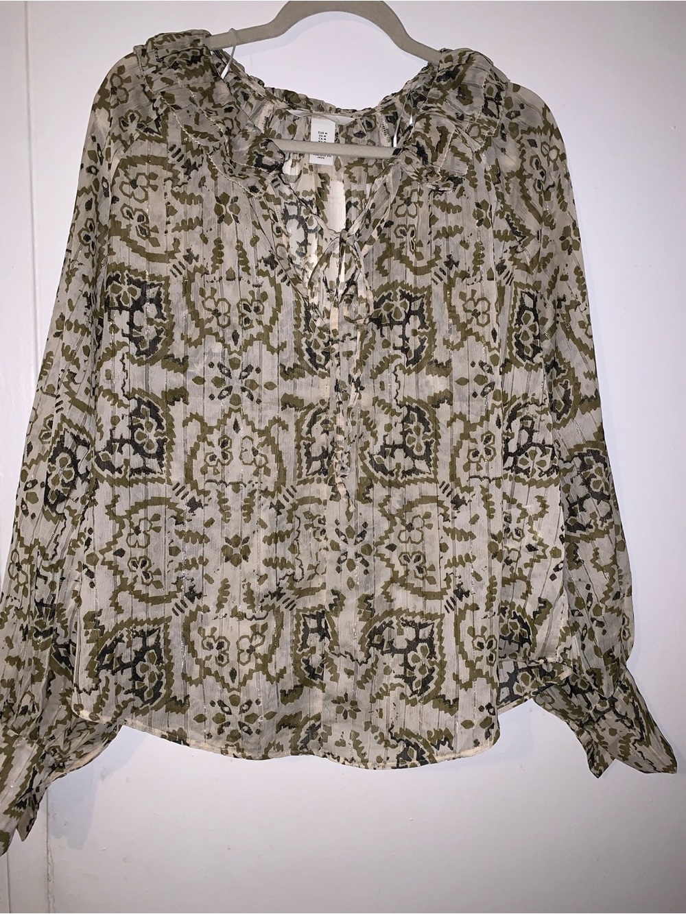 H&M Olive and Cream Printed Peasant Blouse